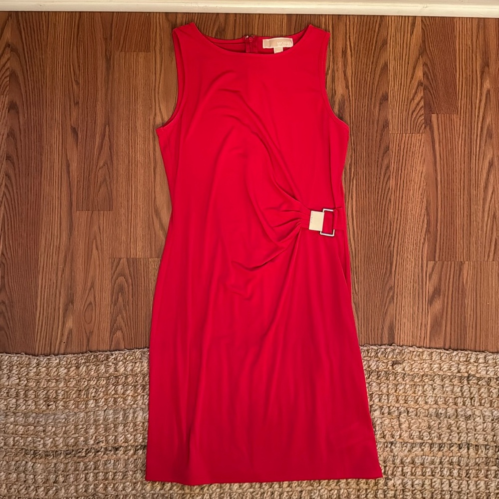 MICHAEL Michael Kors Slinky Red Runched Dress with Silver Accent, Sz Med Petite
